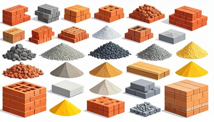 Isometric Construction Materials Set: Bricks, Sand, Gravel, Cement, and Blocks for Building and Renovation Projects on White Background