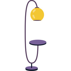 Obraz premium Modern Purple Floor Lamp With Yellow Globe Light And Small Round Shelf Illuminated Design