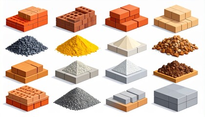 Construction materials isometric set: bricks, sand, gravel, cement, and stones for building and renovation projects. Isolated on white background.
