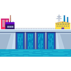 Obraz premium Modern Hydroelectric Dam With Industrial Buildings In The Background And Blue Water Flowing Through Gates Under A Clear Sky