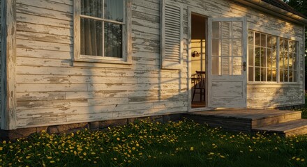 Weathered wooden cottage exterior with open door and yellow wildflowers in golden sunset light