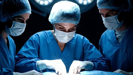 Three surgeons in blue scrubs and masks performing surgery under bright surgical lights in a dark operating room demonstrating teamwork and focus - Powered by Adobe