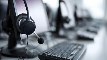 A row of computer workstations with headsets prepared for use in a professional office or call center
