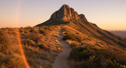 Winding desert hiking trail leading up a massive rugged mountain peak at golden hour with lens flare