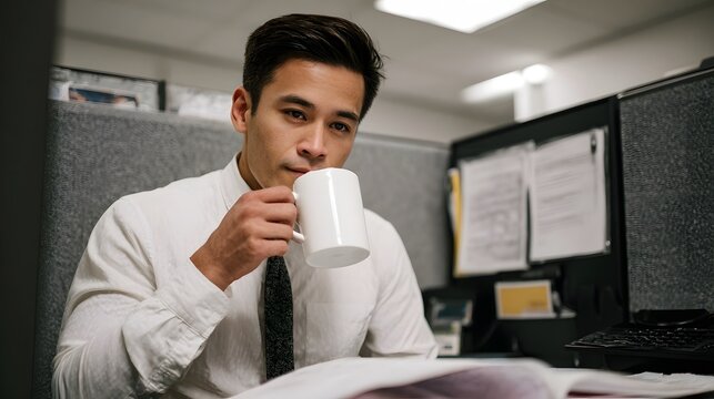 Asian businessman sips coffee while working in a modern office cubicle reviewing documents