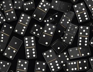 An overhead shot displays many dominoes with white dots on a black background, creating a chaotic and random arrangement