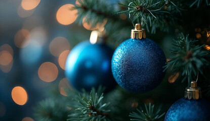 Fototapeta premium Close up of blue Christmas balls on a Christmas tree with bokeh background