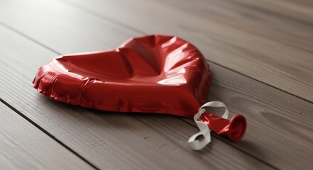 Deflated Red Foil Heart Balloon Lying on Wooden Floor in Sunlight