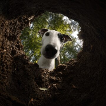 Curious dog peeking into a hole in the ground on a sunny day in the forest