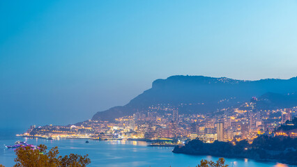Cityscape of Monte Carlo day to night timelapse, Monaco after summer sunset.