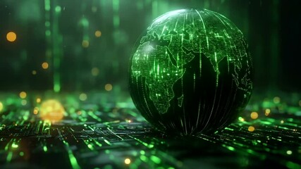 Glowing digital globe composed of streaming data streams on dark technological surface - Powered by Adobe
