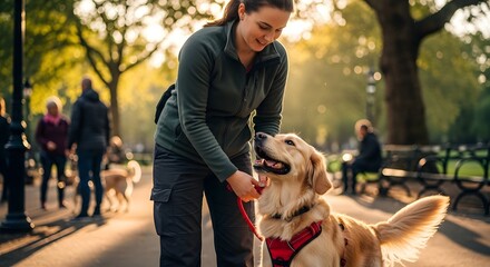 A woman enjoys a sunny morning walk in the park, smiling as she leads her happy Golden Retriever with a red leash, emphasizing companionship and a healthy outdoor lifestyle.