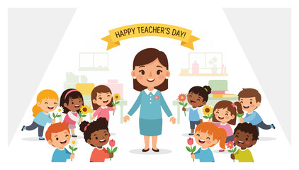 A happy female teacher surrounded by smiling diverse children holding flowers celebrating Teacher's Day.