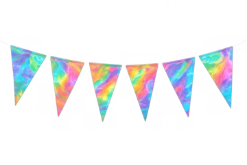 Colorful tie-dye bunting garland hanging, displaying vibrant rainbow patterns for celebration, party, or festival decoration