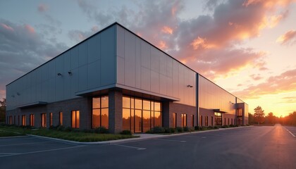 Obraz premium Modern industrial building exterior at sunset with empty parking lot. Commercial real estate property with glass windows reflecting colorful sky. New warehouse office structure for business