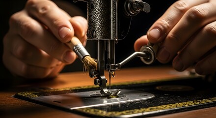 A person carefully cleans and maintains an antique sewing machine, showcasing craftsmanship and attention to detail in a close-up shot.