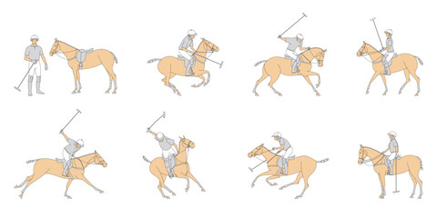 Fototapeta premium Vector illustration of polo players and ponies in various action poses on white background