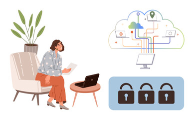 Woman seated on chair working with laptop and documents, cloud technology map, cybersecurity lock icons. Ideal for remote work, cloud computing, cybersecurity, data privacy, networking, IT