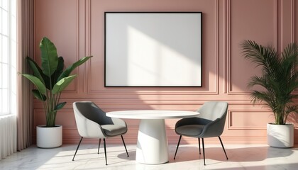 Fototapeta premium Modern dining space with pink wall. Round table with grey chairs under blank canvas. Natural light from window. Home decor with green plants. Interior of dinning room in minimalist design.