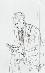 A man is sitting sketching with a pen. A subway passenger hand-drawn with a black gel pen. Vertical illustration on paper. Contemporary art. A black and white postcard. The concept of rest work travel