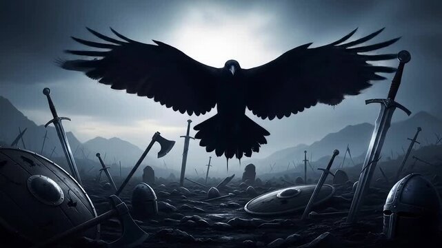 A massive black bird spreads wings over a battlefield of swords, shields, and helmets