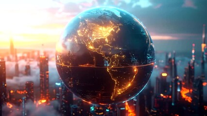 Metallic sphere resembling Earth hovering above illuminated futuristic cityscape at dusk - Powered by Adobe