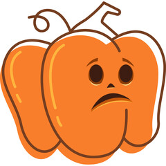 Cartoon Orange Pumpkin With a Sad Face and Brown Stem and Swirl Detail on Transparent Background