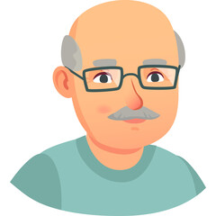 Cartoon Portrait Of A Bald Caucasian Man With Glasses And A Moustache Wearing A Teal T Shirt On A Transparent Background