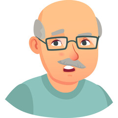 Cartoon Portrait of an Elderly Man with Glasses and a Moustache Wearing a Teal Shirt Expressing Confusion and Concern with Soft Lighting and a Transparent Background