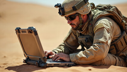 Fototapeta premium Soldier in tactical gear uses rugged laptop in sandy desert terrain. Military personnel communicates, operates drone, gathers on mission. Army man works in remote arid environment.