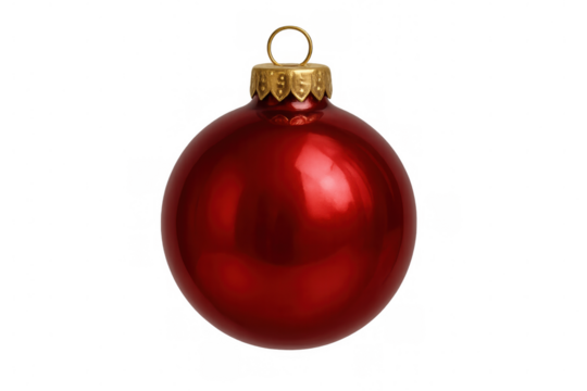 Red shining christmas bauble hanging, festive holiday decoration for winter celebration events, transparent background