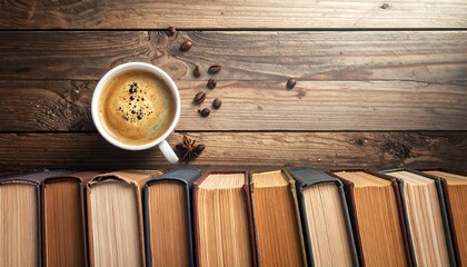 An overhead shot features a cup of coffee, beans, and books on a wooden surface. The cup sits above the books, with beans scattered