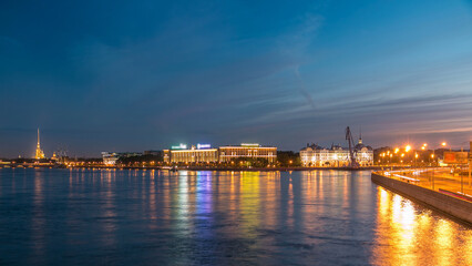 Nakhimov Naval School and the Peter and Paul Fortress day to night timelapse. St. Petersburg