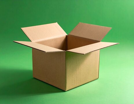 An open, empty, brown corrugated cardboard box sits centered against a bright green background, casting a slight shadow. Its flaps are spread open