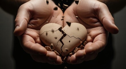 Hands Cupping Crumbling Clay Heart with Falling Debris on Dark Background