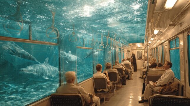 Subway train with underwater dolphin view