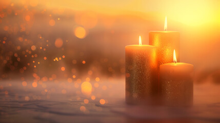 3 candles light over mythical, bright, full of positive energy all souls day background with copy space 