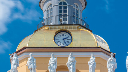 Upper part with clock of the tower of the Admiralty building timelapse in St. Petersburg, Russia.