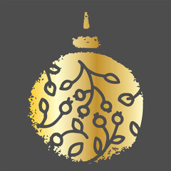 Elegant golden Christmas ornament illustration with hand-drawn botanical pattern on dark gray background, perfect for luxury holiday cards, festive decor, invitations, and seasonal graphic design