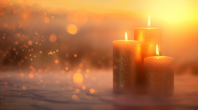 3 candles light over mythical, bright, full of positive energy all souls day background with copy space 