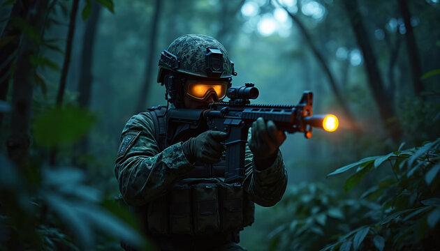 Soldier in combat gear aims rifle during jungle mission at night. Military warrior wearing camouflage uniform, helmet uses glowing night vision goggles. Special forces operative on stealth patrol in