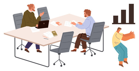 Two colleagues discuss data at a table with documents, laptop, and growth chart while an individual pushes a concept of effort. Ideal for teamwork, analysis, growth, productivity, planning, progress