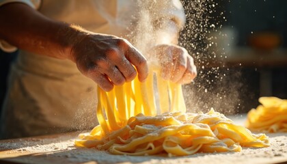 Skilled chef hands prepare fresh handmade pasta. Flour sprinkles over raw yellow tagliatelle strands on wooden table. Cook crafts traditional Italian food, making delicious noodle meal. Shows