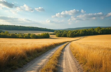 Golden wheat field surrounds dirt road leading to distant forest. Sunny blue sky with clouds overhead. Rural landscape beckons journey into nature.