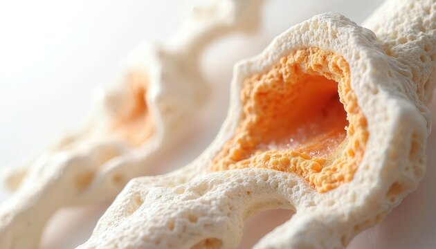 Illustration of human bone structure in close up cross section. The detailed medical image shows calcium deposits and collagen fibers within the bone. Anatomy concept for health education