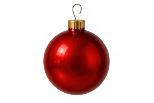 Red christmas ornament bauble with shiny metallic texture, reflecting light, festive season decoration, transparent background