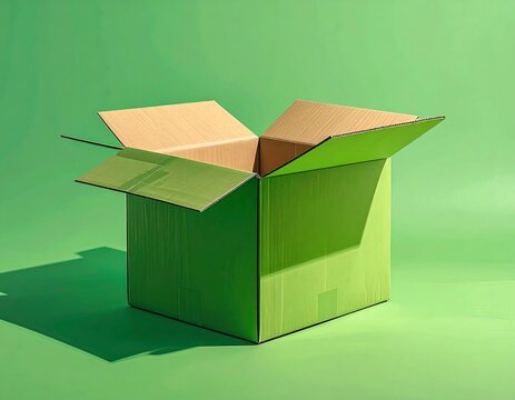 An open green cardboard box with brown interior sits centered on a green background, with its flaps open. Bright sunlight creates a shadow