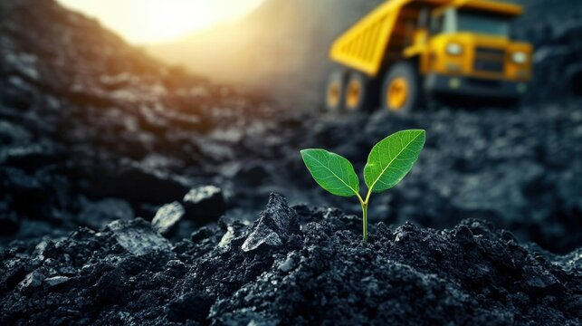 A small green plant emerges from dark soil, with a yellow dumper truck in the background, highlighting nature's resilience amidst industrial activity.
