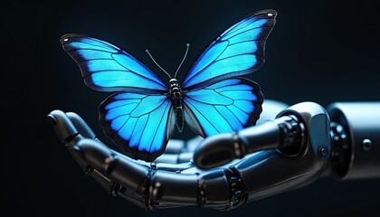 Robotic arm holds butterfly. Tech connects nature, automation merges biology. Cybernetic hand gently embraces life. Future meets fragile ecosystem. Concept blends natural beauty with artificial