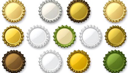 An overhead shot of various metallic bottle caps with a glossy sheen, displayed in multiple rows against a white background